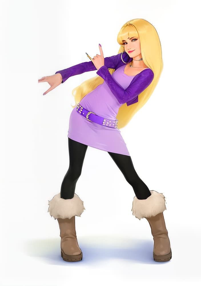  masterpiece, best quality, Best quality, masterpiece, 8k resolution, realistic, highly detailed, tall , standing, smirk, lavender dress, purple shawl, hoop earrings, blue belt with white studs, black tights, brown fur boots, long hair