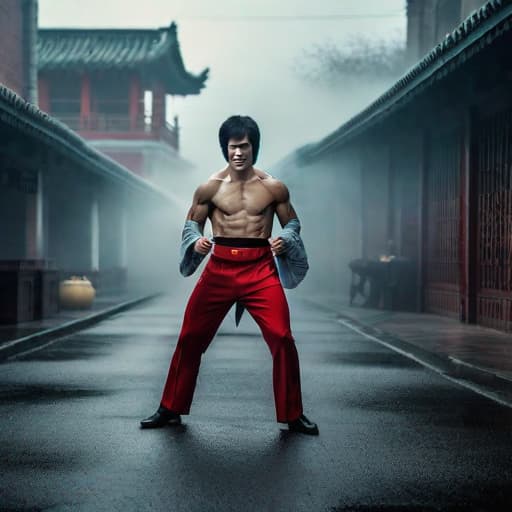  Bruce lee as Joker hyperrealistic, full body, detailed clothing, highly detailed, cinematic lighting, stunningly beautiful, intricate, sharp focus, f/1. 8, 85mm, (centered image composition), (professionally color graded), ((bright soft diffused light)), volumetric fog, trending on instagram, trending on tumblr, HDR 4K, 8K