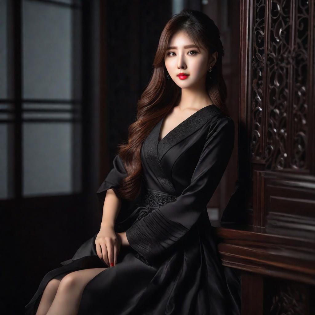  photo on a dark background, portrait photo, beautiful korean girl, long hair, black dress, cute, hyper detail, full HD hyperrealistic, full body, detailed clothing, highly detailed, cinematic lighting, stunningly beautiful, intricate, sharp focus, f/1. 8, 85mm, (centered image composition), (professionally color graded), ((bright soft diffused light)), volumetric fog, trending on instagram, trending on tumblr, HDR 4K, 8K