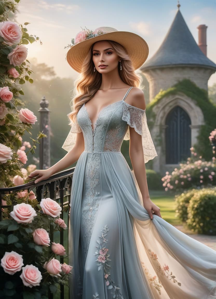  ethereal fantasy concept art of Delicate English watercolour in pastel tones, on the background of English garden flowers powder roses in dew, among roses stands a lovely in a straw hat decorated with flowers and in a lush dress with lace, openwork wrought iron fence, octane, dew glistens and shimmers in the sun lumen, in the distance marble statue, aesthetic flowers,art botanical, organic biological,realistic . magnificent, celestial, ethereal, painterly, epic, majestic, magical, fantasy art, cover art, dreamy hyperrealistic, full body, detailed clothing, highly detailed, cinematic lighting, stunningly beautiful, intricate, sharp focus, f/1. 8, 85mm, (centered image composition), (professionally color graded), ((bright soft diffused light)), volumetric fog, trending on instagram, trending on tumblr, HDR 4K, 8K