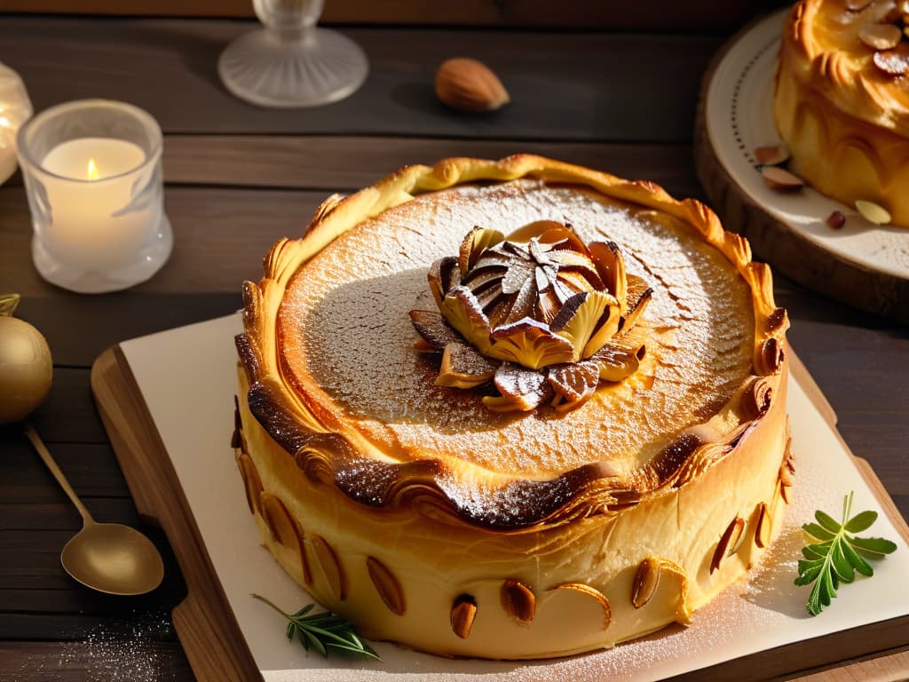  A highresolution, minimalist image of a golden, flaky Galette des Rois, elegantly decorated with a crown made of puff pastry and almonds, sitting on a rustic wooden table. The galette is surrounded by scattered whole almonds, a few fresh figs, a sprig of fragrant rosemary, and a vintage silver fork placed beside it. The lighting is soft, casting gentle shadows that highlight the intricate layers of the pastry and the decorative crown. hyperrealistic, full body, detailed clothing, highly detailed, cinematic lighting, stunningly beautiful, intricate, sharp focus, f/1. 8, 85mm, (centered image composition), (professionally color graded), ((bright soft diffused light)), volumetric fog, trending on instagram, trending on tumblr, HDR 4K, 8K