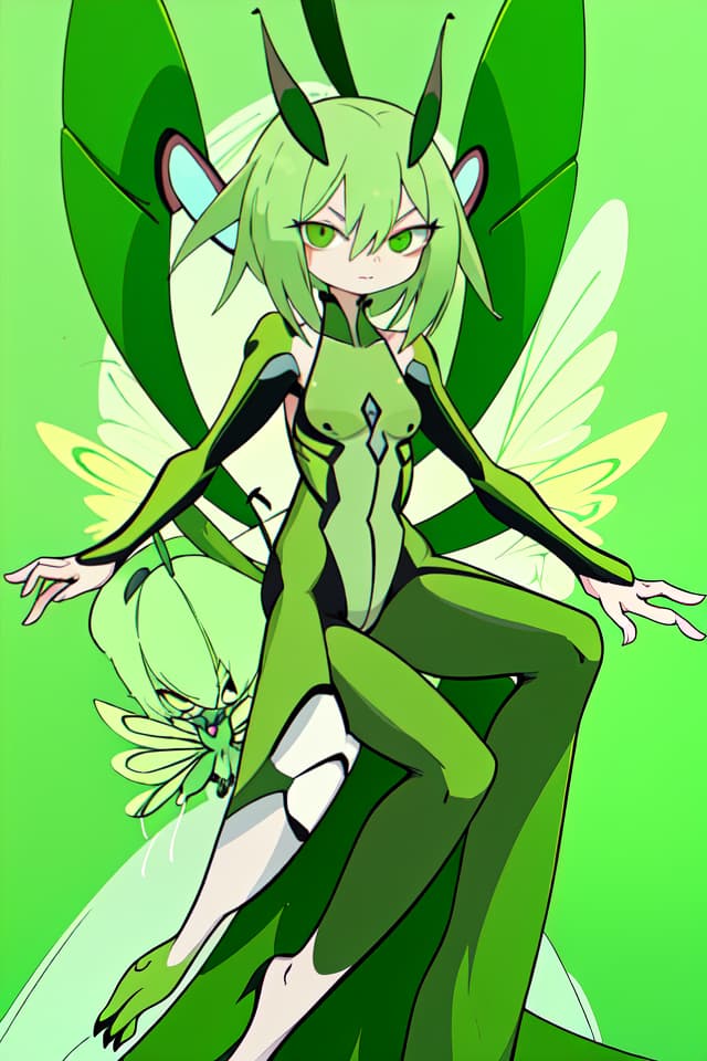  Green hair character that looks like an insect mantis, mantis pose