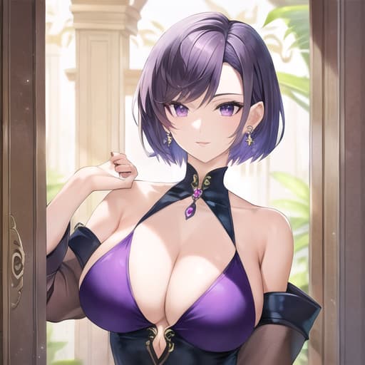  master piece , best quality,Purple eyes, short hair, long butterfly earrings