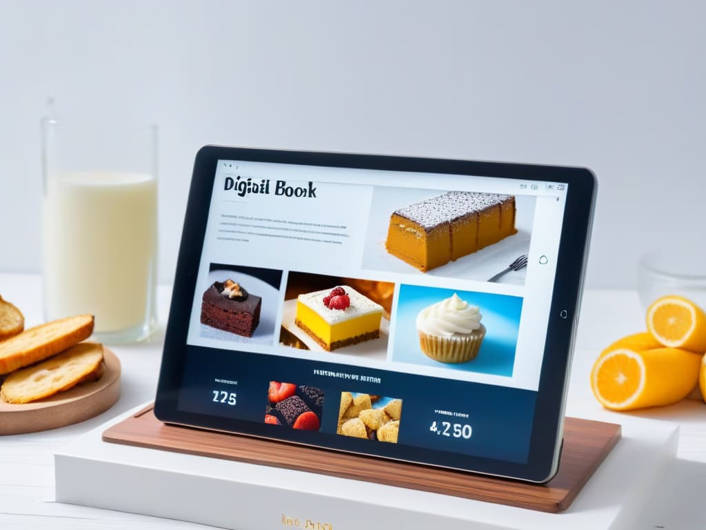  A highresolution, minimalist image of a sleek, modern tablet displaying a beautifully designed digital recipe book interface. The screen shows vibrant, appetizing images of various desserts with elegant typography showcasing recipe details. The background is a soft, neutral tone to enhance the visual appeal of the digital cookbook. hyperrealistic, full body, detailed clothing, highly detailed, cinematic lighting, stunningly beautiful, intricate, sharp focus, f/1. 8, 85mm, (centered image composition), (professionally color graded), ((bright soft diffused light)), volumetric fog, trending on instagram, trending on tumblr, HDR 4K, 8K