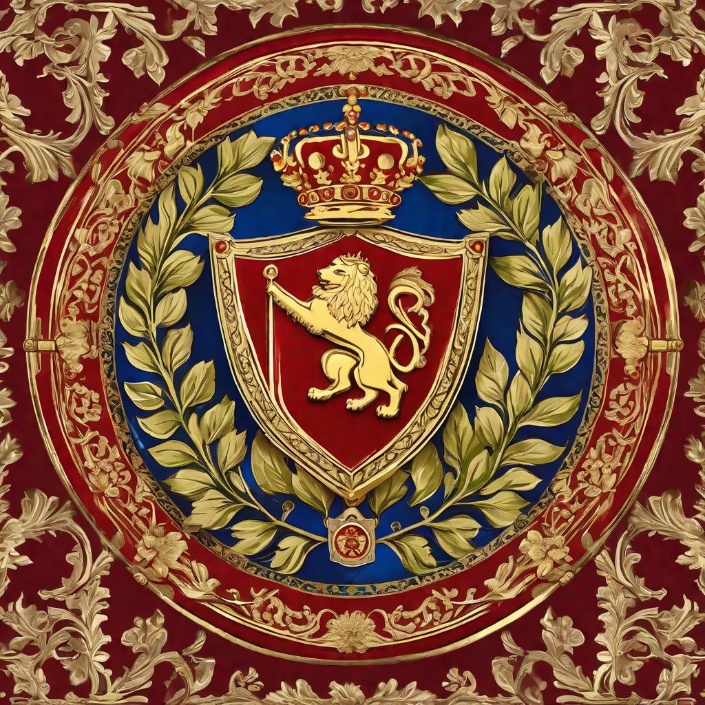  masterpiece, best quality, A regal banner with a field divided into quarters. The top left and bottom right quarters feature a golden lion rampant on a red background., representing strength and courage. The top right and bottom left quarters should display a silver tower on blue background, symbolizing stability and defense. In the center of the banner, depict a shield adorned with a green laurel wreath, signifying victory and honor. Above the shield, place a golden crown to signify noble lineage. Finally, adorn the banners edges with intricate gold filigree and embellishments to convey wealth and prestige.