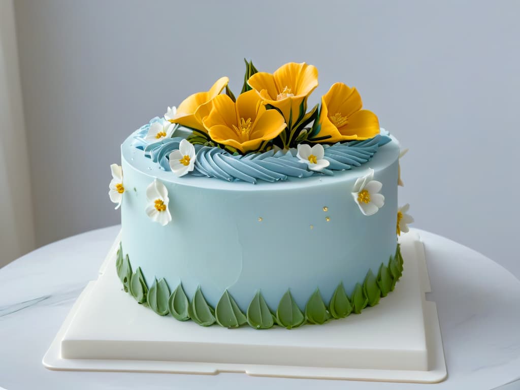  A closeup, ultradetailed image of a perfectly frosted and decorated threetiered cake, featuring intricate piping work, delicate sugar flowers, and shimmering edible gold accents. The cake stands on a sleek, marble countertop, with soft natural light casting elegant shadows that highlight the craftsmanship and artistry of the confection. hyperrealistic, full body, detailed clothing, highly detailed, cinematic lighting, stunningly beautiful, intricate, sharp focus, f/1. 8, 85mm, (centered image composition), (professionally color graded), ((bright soft diffused light)), volumetric fog, trending on instagram, trending on tumblr, HDR 4K, 8K