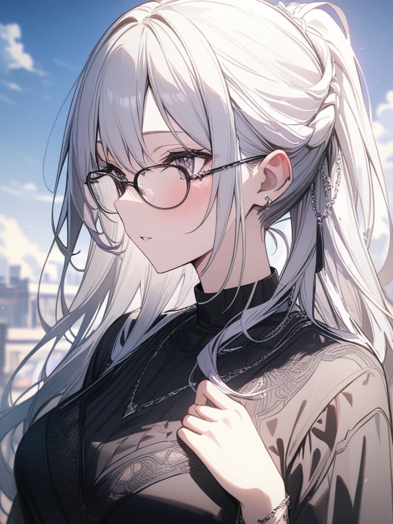  Glasses, white hair, black dress, glasses chain, masterpiece, best quality,8k,ultra detailed,high resolution,an extremely delicate and beautiful,hyper detail