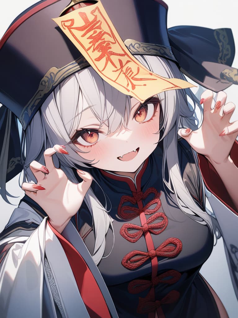  1girl,solo,jiangshi,qingdai guanmao with a ofuda,chinese clothes,claw pose,small fangs,, masterpiece, best quality,8k,ultra detailed,high resolution,an extremely delicate and beautiful,hyper detail