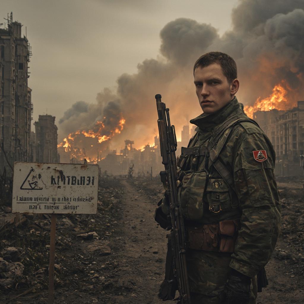  ultra high quality, very detailed , russian city destroyed by nuclear disaster , buildings on fires , man soldier looking at camera , wearing a poland military suit with no helmet standing near city white sign with the text 'russia' written on it , nuclear warning sign,