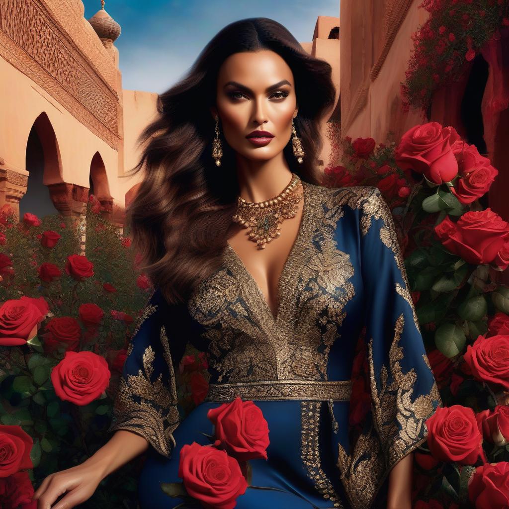  Morocco, a beautiful Moroccan woman and roses, fantasy, glitter, digital painting, delicate brushwork with pen, a fashion Vogue magazine cover, wearing national clothing, Dolce & Gabbana, dark botanical, intriguing, many details, Photorealism, professional photography. hyperrealistic, full body, detailed clothing, highly detailed, cinematic lighting, stunningly beautiful, intricate, sharp focus, f/1. 8, 85mm, (centered image composition), (professionally color graded), ((bright soft diffused light)), volumetric fog, trending on instagram, trending on tumblr, HDR 4K, 8K