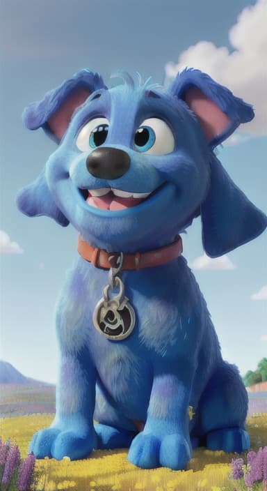  {A happy, big blue dog wagging its tail in a colorful meadow, The big blue dog is large with sky blue fur, big round eyes, a black nose, and floppy ears.