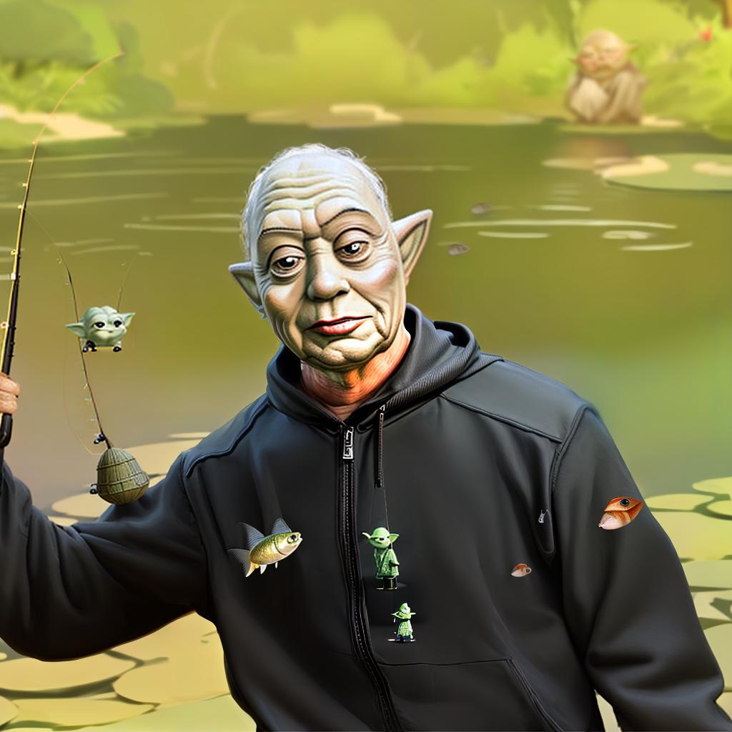  Yoda fishing, big head, big eyes, caricature, a caricature, digital rendering, (figurativism:0.8)