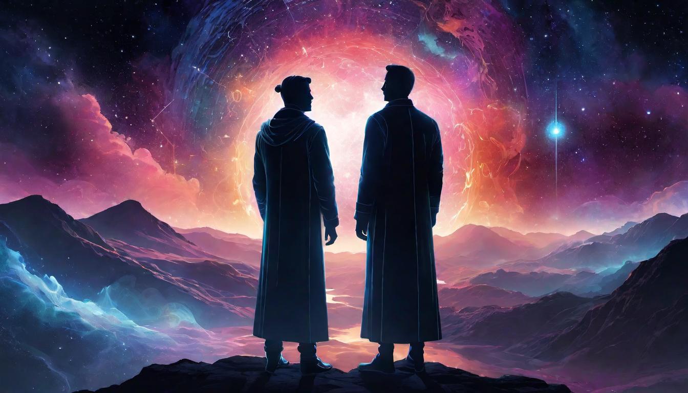  digital illustration, Two silhouettes facing each other across a cosmic void, waveforms connecting their minds, ethereal bridge of light, telepathic bond, mysterious, connection, looking at viewer, dynamic pose, (intricate details, masterpiece, best quality)