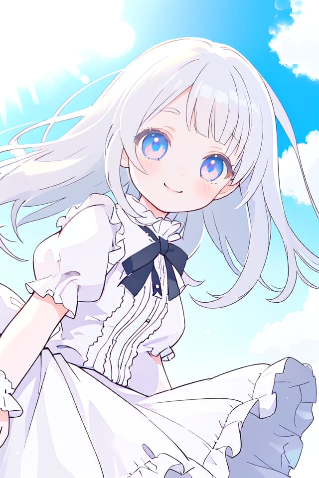  Lolita Fashion, sky, smiling, White, refreshing, light, wind blowing, girl, eyes shining, round face