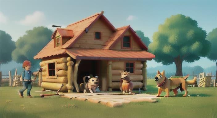  {The dogs carrying sticks to help build a new doghouse., Their teamwork shines as they proudly work together.