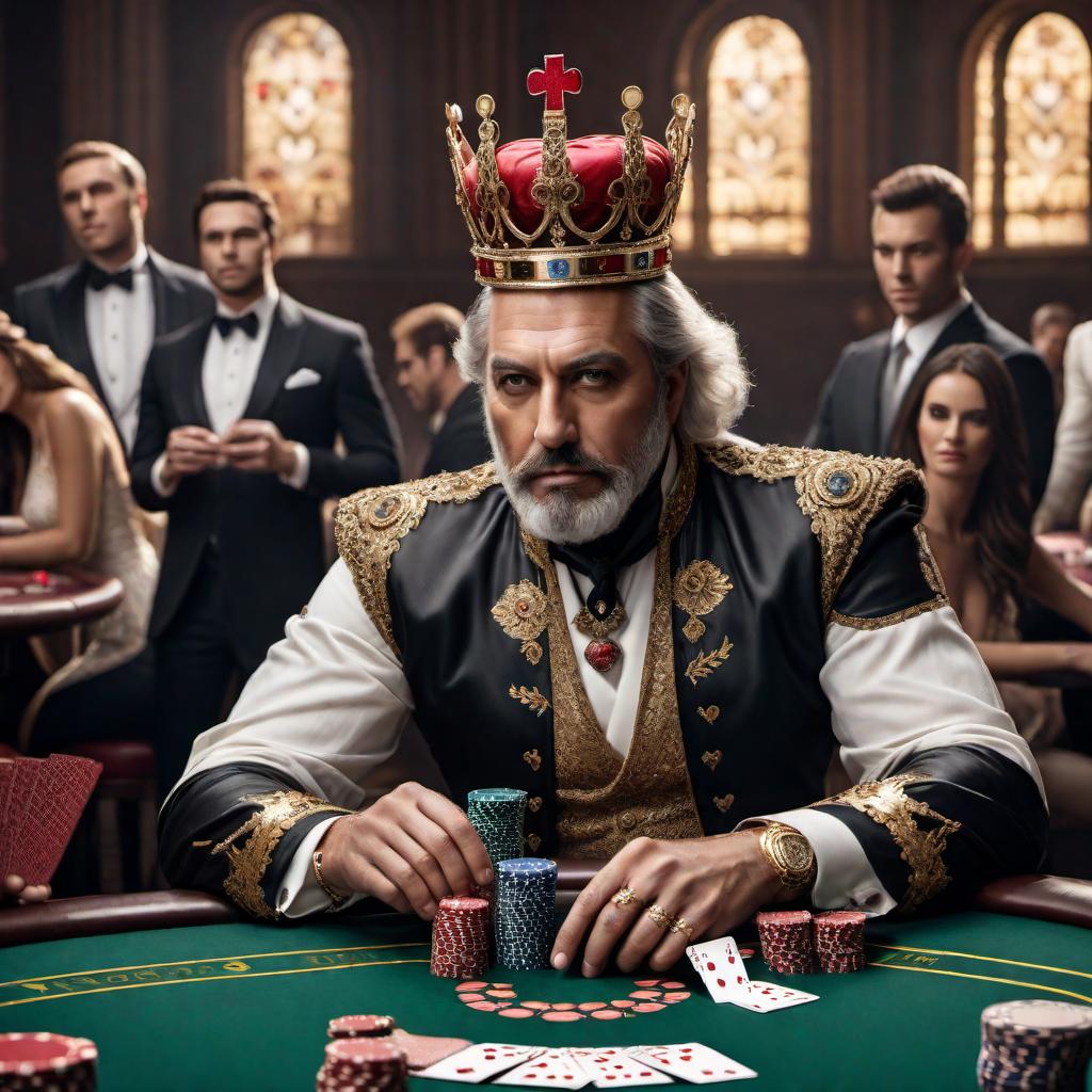  The King of Hearts playing in a free Texas Hold'em tournament. The King is sitting at a poker table surrounded by other players, with poker chips and cards in front of him. The atmosphere is lively and competitive, with a casino-like background. The King should be holding his cards and looking confident, wearing a regal crown and robes, but adapted for a poker game setting. hyperrealistic, full body, detailed clothing, highly detailed, cinematic lighting, stunningly beautiful, intricate, sharp focus, f/1. 8, 85mm, (centered image composition), (professionally color graded), ((bright soft diffused light)), volumetric fog, trending on instagram, trending on tumblr, HDR 4K, 8K