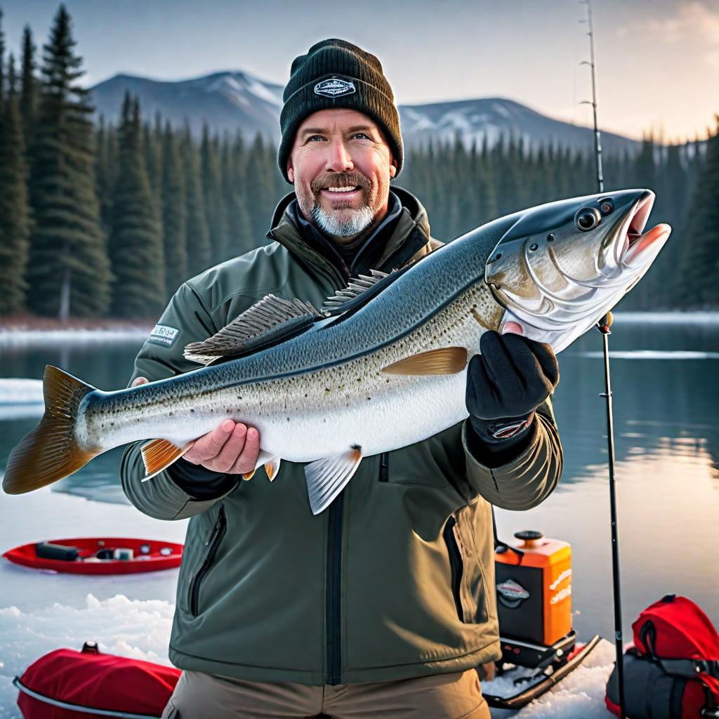  Create a logo for an ice fishing guide business that incorporates an ice fishing tip up within the design. The logo should capture the essence of ice fishing and outdoor adventures, with a focus on professionalism and reliability. hyperrealistic, full body, detailed clothing, highly detailed, cinematic lighting, stunningly beautiful, intricate, sharp focus, f/1. 8, 85mm, (centered image composition), (professionally color graded), ((bright soft diffused light)), volumetric fog, trending on instagram, trending on tumblr, HDR 4K, 8K