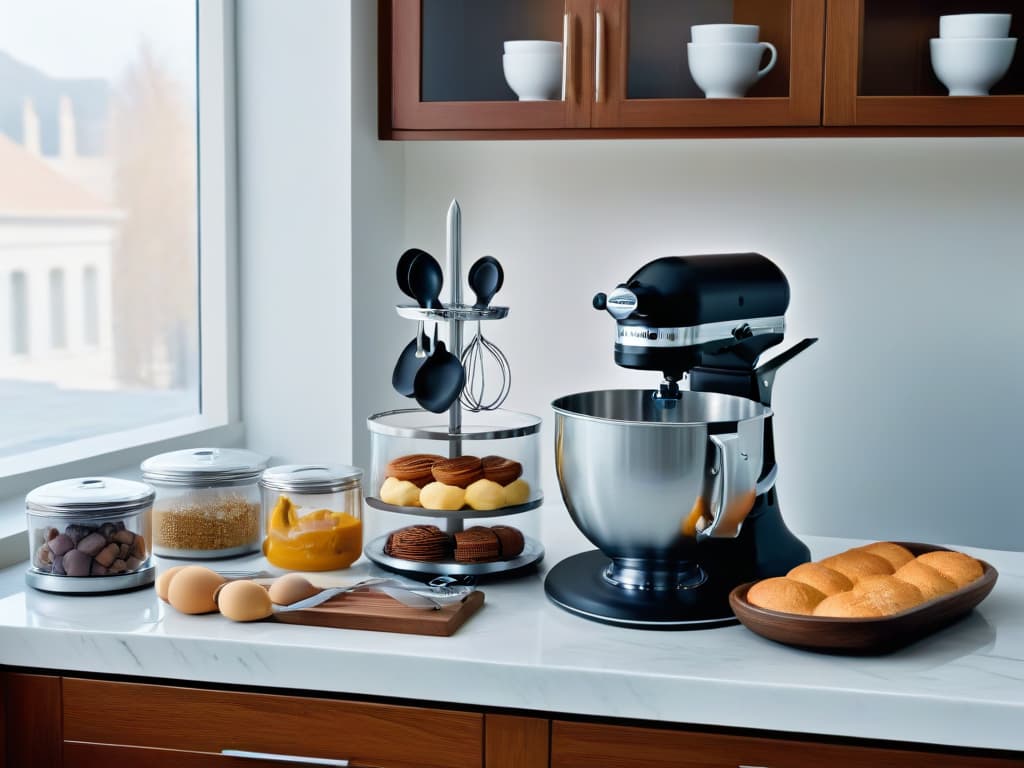  A minimalist yet captivating image of a sleek, modern kitchen with a marble countertop adorned with an array of highquality brand name baking utensils neatly organized. The utensils gleam under soft, natural lighting, showcasing the precision and elegance of each tool. From a stand mixer to measuring cups, the arrangement exudes sophistication and professionalism, inspiring the viewer to create exquisite desserts using topnotch equipment. hyperrealistic, full body, detailed clothing, highly detailed, cinematic lighting, stunningly beautiful, intricate, sharp focus, f/1. 8, 85mm, (centered image composition), (professionally color graded), ((bright soft diffused light)), volumetric fog, trending on instagram, trending on tumblr, HDR 4K, 8K