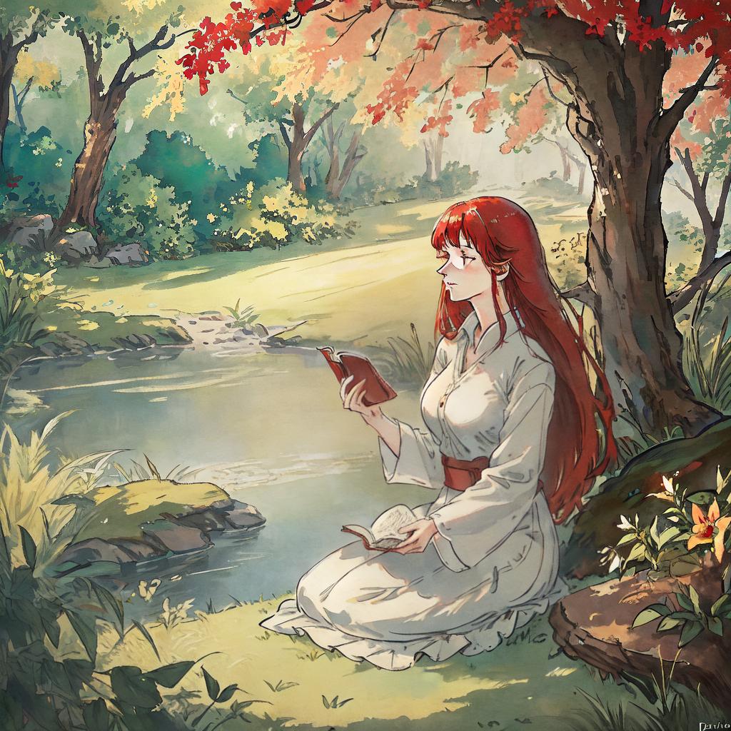  ((masterpiece)),(((best quality))), 8k, high detailed, ultra-detailed,A girl reading a book under a tree, ((flowing red hair)), peaceful surroundings, gentle breeze, (dappled sunlight on the grass) hyperrealistic, full body, detailed clothing, highly detailed, cinematic lighting, stunningly beautiful, intricate, sharp focus, f/1. 8, 85mm, (centered image composition), (professionally color graded), ((bright soft diffused light)), volumetric fog, trending on instagram, trending on tumblr, HDR 4K, 8K