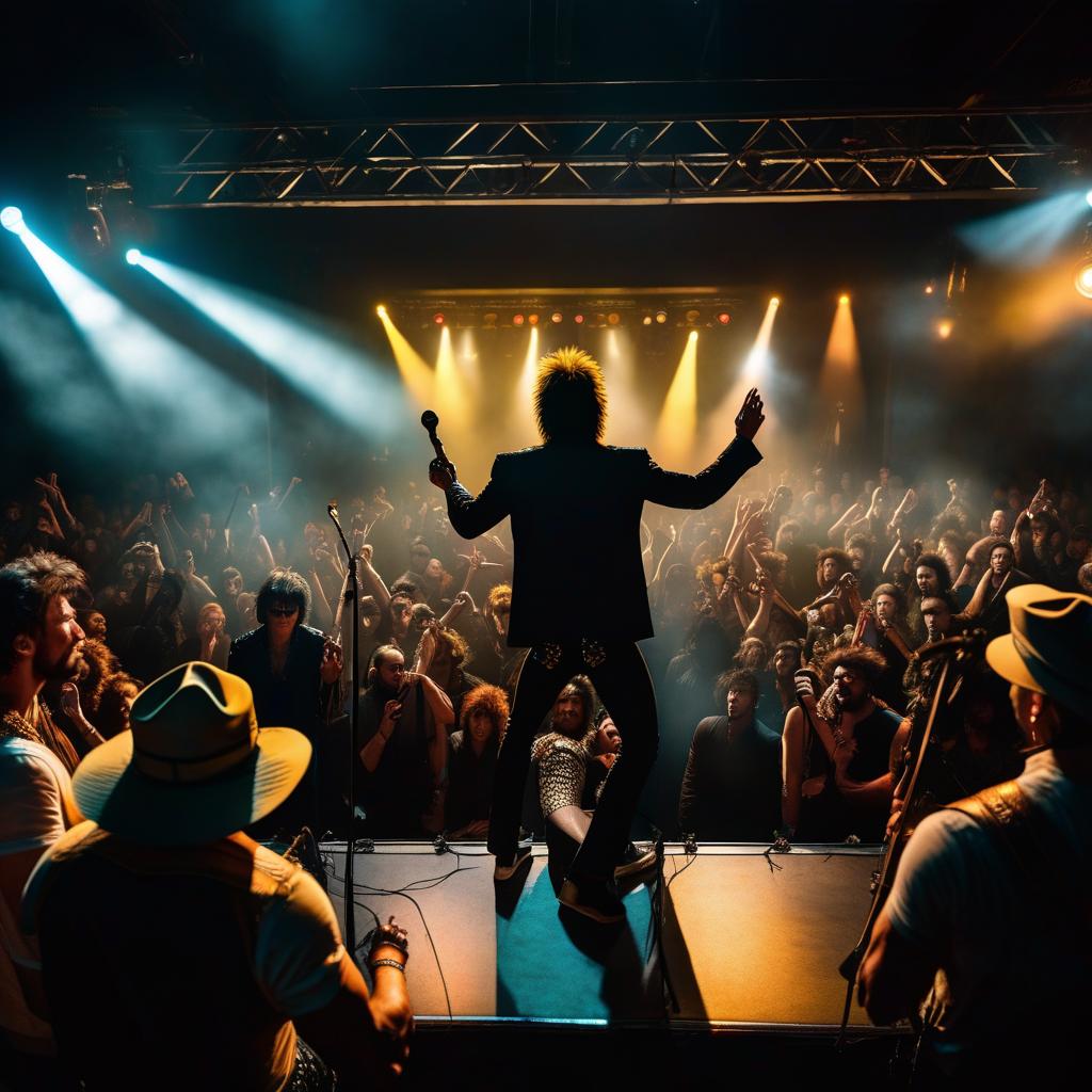  The cartoon Victor Tsoi and banana people perform a rock concert on stage with a view from the audience at full height. hyperrealistic, full body, detailed clothing, highly detailed, cinematic lighting, stunningly beautiful, intricate, sharp focus, f/1. 8, 85mm, (centered image composition), (professionally color graded), ((bright soft diffused light)), volumetric fog, trending on instagram, trending on tumblr, HDR 4K, 8K