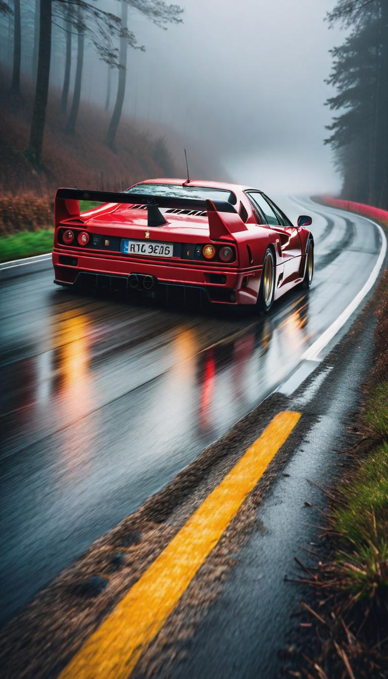  gothic style depiction of A Ferrari f40 driving on the Nurburgring . dark, mysterious, haunting, dramatic, ornate, detailed, hyperrealistic, full body, detailed clothing, highly detailed, cinematic lighting, stunningly beautiful, intricate, sharp focus, f/1. 8, 85mm, (centered image composition), (professionally color graded), ((bright soft diffused light)), volumetric fog, trending on instagram, trending on tumblr, HDR 4K, 8K