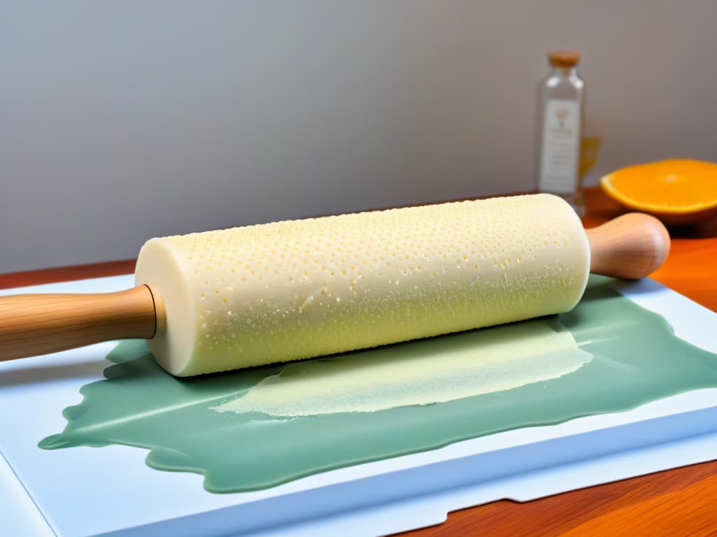  An ultradetailed image of a beautifully crafted wooden rolling pin, juxtaposed with a sleek modern silicone baking mat, symbolizing the evolution of baking utensils. The wooden rolling pin is exquisitely textured, showcasing its natural grains and intricate carvings, while the silicone mat appears smooth and futuristic, reflecting light in a mesmerizing way. The contrast between the two materials is striking, highlighting the journey from traditional to contemporary in the world of baking tools. hyperrealistic, full body, detailed clothing, highly detailed, cinematic lighting, stunningly beautiful, intricate, sharp focus, f/1. 8, 85mm, (centered image composition), (professionally color graded), ((bright soft diffused light)), volumetric fog, trending on instagram, trending on tumblr, HDR 4K, 8K