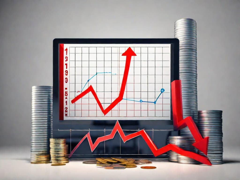  A graph on a digital screen showing a steep downward trend with red arrows, symbolizing a significant drop in stock prices, alongside a thinning pile of coins representing shrinking profits. digital art, ilustration, no flares, clean hyperrealistic, full body, detailed clothing, highly detailed, cinematic lighting, stunningly beautiful, intricate, sharp focus, f/1. 8, 85mm, (centered image composition), (professionally color graded), ((bright soft diffused light)), volumetric fog, trending on instagram, trending on tumblr, HDR 4K, 8K