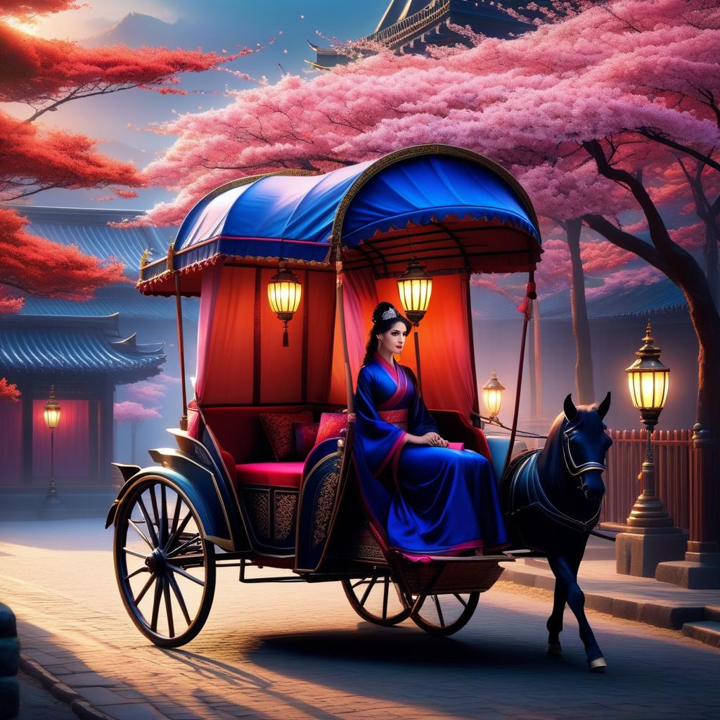  ethereal fantasy concept art of RIKSHA (Japanese jinrikisya) a light two wheeled carriage in which a person is pulled (also called a rickshaw). (Background): blossoming pink sakura, an empty rickshaw stands on the pavement. (Rickshaw design) A tent upholstered in dark blue silk. There is a sofa upholstered in red velvet and a painted wooden footstool. . magnificent, celestial, ethereal, painterly, epic, majestic, magical, fantasy art, cover art, dreamy hyperrealistic, full body, detailed clothing, highly detailed, cinematic lighting, stunningly beautiful, intricate, sharp focus, f/1. 8, 85mm, (centered image composition), (professionally color graded), ((bright soft diffused light)), volumetric fog, trending on instagram, trending on tumblr, HDR 4K, 8K