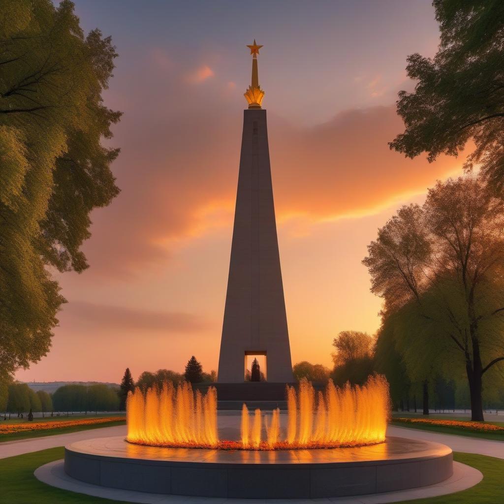  Monument to Soviet soldiers, eternal flame, cloves, in the sky a wedge of cranes, sunset, beautiful view