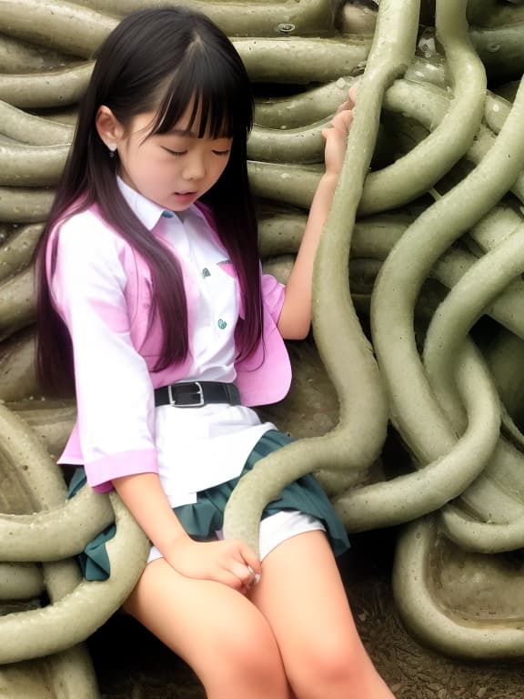  Junior high school student being stroked by tentacles, full length, eyes closed, girl, uniform.