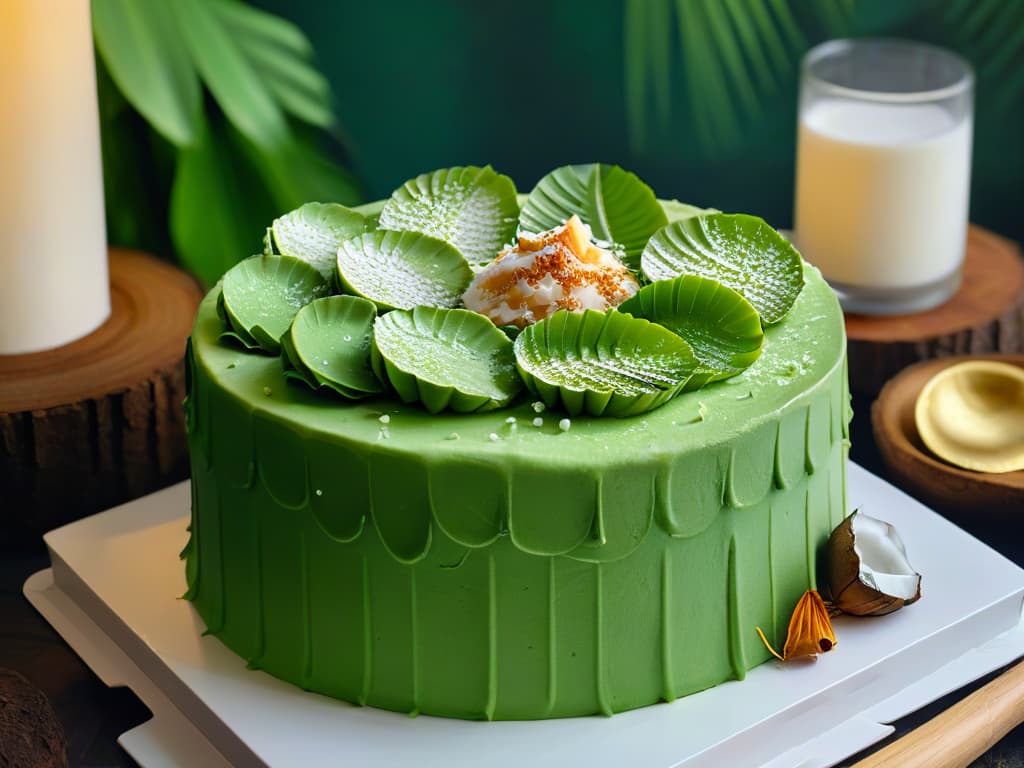  A closeup, photorealistic image of a decadent pandaninfused coconut cake, showcasing the vibrant green hue of the pandan leaves in the moist sponge, topped with a generous layer of creamy coconut frosting and sprinkled with toasted coconut flakes. The cake sits on a rustic wooden table, surrounded by fresh pandan leaves and coconut shells, evoking a tropical and exotic ambiance. The lighting highlights the textures of the cake, making the viewer almost able to smell the fragrant pandan aroma emanating from the dessert. hyperrealistic, full body, detailed clothing, highly detailed, cinematic lighting, stunningly beautiful, intricate, sharp focus, f/1. 8, 85mm, (centered image composition), (professionally color graded), ((bright soft diffused light)), volumetric fog, trending on instagram, trending on tumblr, HDR 4K, 8K