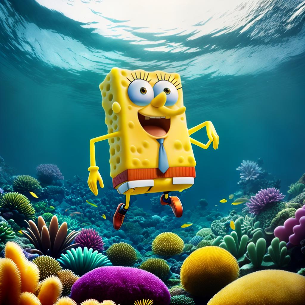  SpongeBob hyperrealistic, full body, detailed clothing, highly detailed, cinematic lighting, stunningly beautiful, intricate, sharp focus, f/1. 8, 85mm, (centered image composition), (professionally color graded), ((bright soft diffused light)), volumetric fog, trending on instagram, trending on tumblr, HDR 4K, 8K