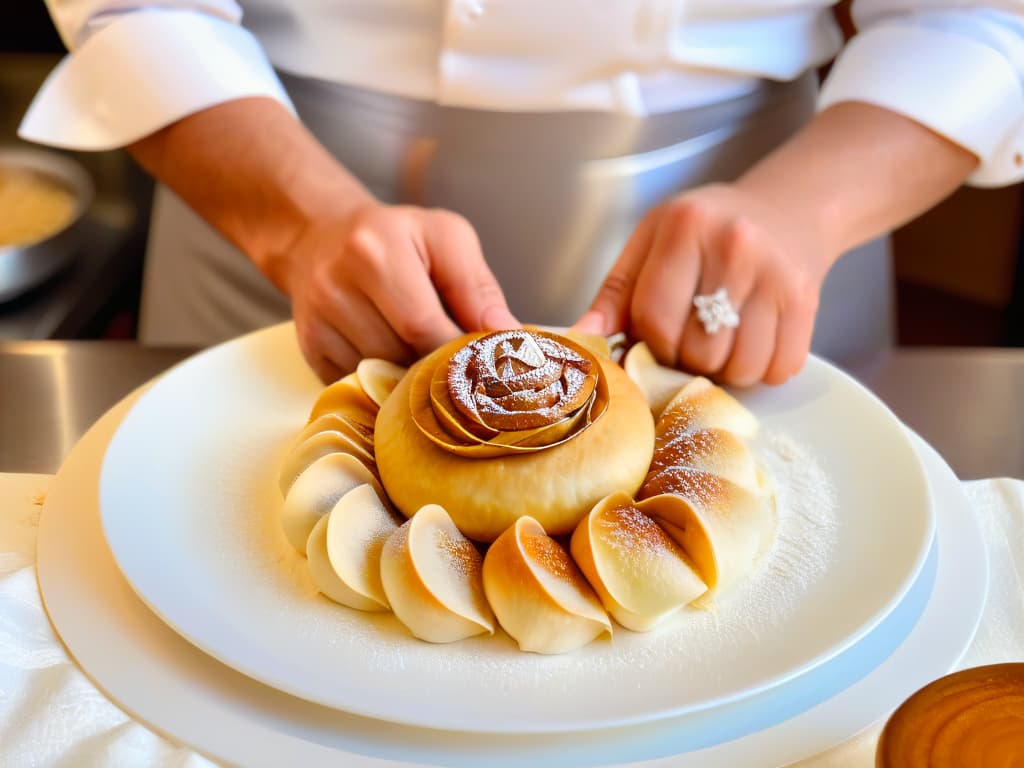  An ultradetailed closeup image of a chef's hands meticulously folding a delicate qatayef pastry, showcasing the intricate process of creating the perfect filling. The hands are elegantly adorned with minimalistic silver jewelry, adding a touch of sophistication to the scene. The soft lighting highlights the texture of the dough and the rich colors of the filling, creating a visually appealing and inspiring composition for the readers. hyperrealistic, full body, detailed clothing, highly detailed, cinematic lighting, stunningly beautiful, intricate, sharp focus, f/1. 8, 85mm, (centered image composition), (professionally color graded), ((bright soft diffused light)), volumetric fog, trending on instagram, trending on tumblr, HDR 4K, 8K