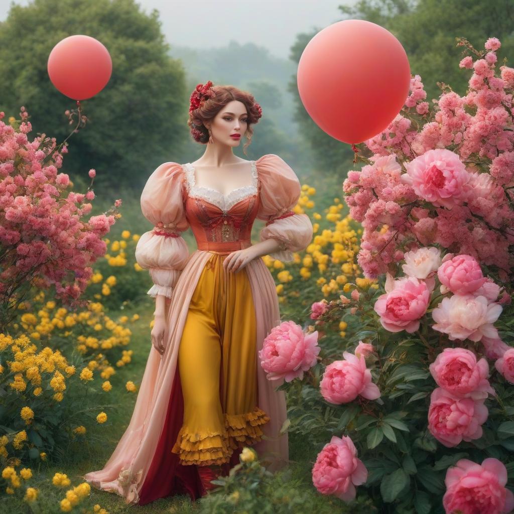  А large balloon. Lightness, spring. (Sparkling rim)): spring field, hyacinths, roses, rosehips, rose hips, peonies, cherry tree, yellow, red. Рroper eye work.. Honoré Fargonard, Alfonso Mucha. hyperrealistic, full body, detailed clothing, highly detailed, cinematic lighting, stunningly beautiful, intricate, sharp focus, f/1. 8, 85mm, (centered image composition), (professionally color graded), ((bright soft diffused light)), volumetric fog, trending on instagram, trending on tumblr, HDR 4K, 8K