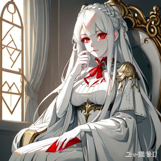  a girl manhua character with white hair and red eyes with white skin wearing noble dress and siting on the throne hyperrealistic, full body, detailed clothing, highly detailed, cinematic lighting, stunningly beautiful, intricate, sharp focus, f/1. 8, 85mm, (centered image composition), (professionally color graded), ((bright soft diffused light)), volumetric fog, trending on instagram, trending on tumblr, HDR 4K, 8K