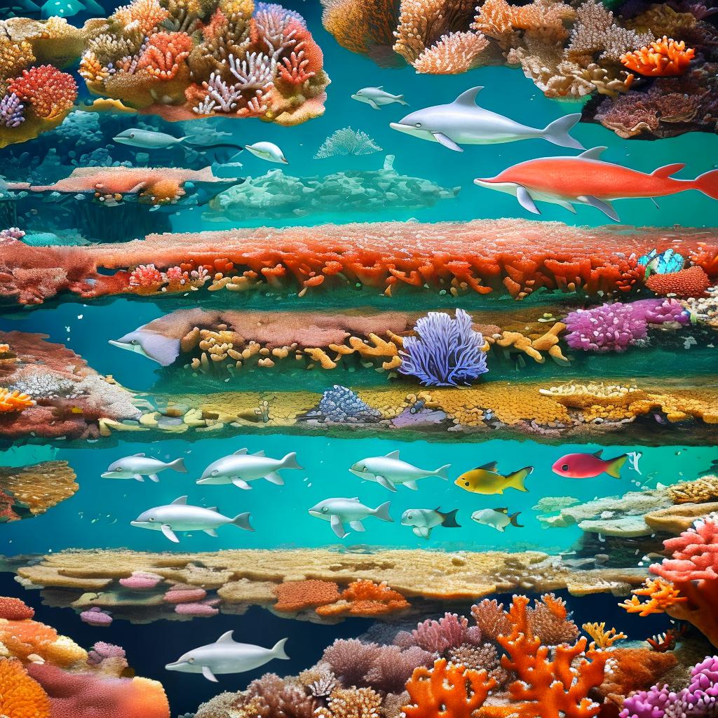  masterpiece, best quality, Most Beautiful in deep sea teeming with vibrant corals, diverse marine life, and enchanting underwater landscapes, full of corals, acrophore, small fishes, anemones, dolphin, various algaes, caves, colorful,all captured in stunning 8k resolution with intricate details.