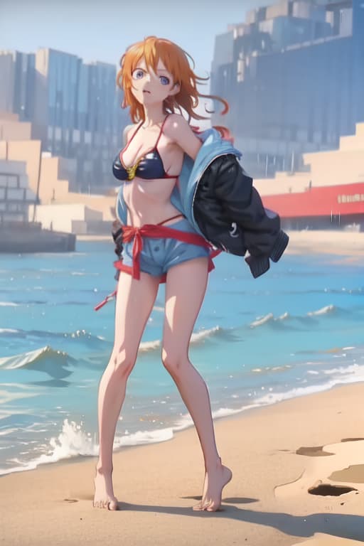  Nami from one piece tweaking in the rain on a beach, full body