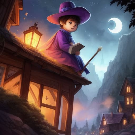 watercolor, storybook, child-book, Young boy flying on a red broom over a small village, wearing a purple magic hat, surrounded by yellow stars under a crescent moon., best quality, very detailed, high resolution, sharp, sharp image hyperrealistic, full body, detailed clothing, highly detailed, cinematic lighting, stunningly beautiful, intricate, sharp focus, f/1. 8, 85mm, (centered image composition), (professionally color graded), ((bright soft diffused light)), volumetric fog, trending on instagram, trending on tumblr, HDR 4K, 8K