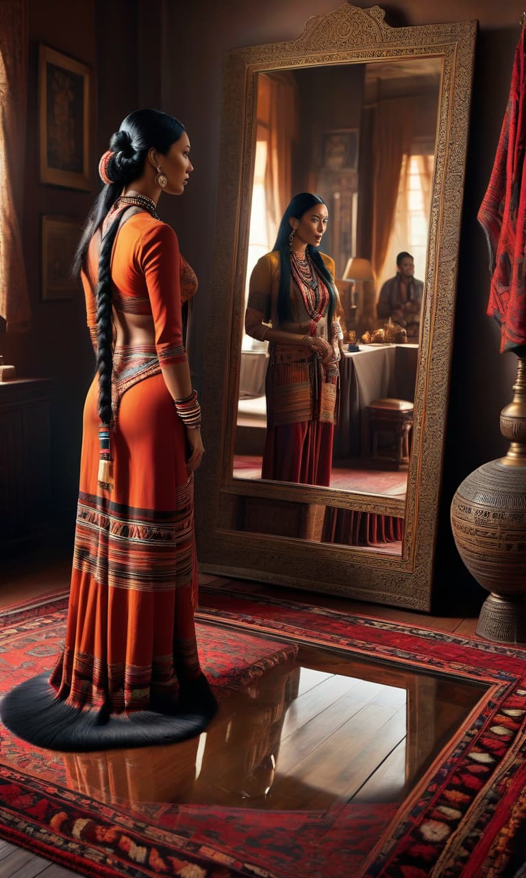  The pictorial art of a place where inventions and adventures are felt, a very detailed and deep portrayal. A woman in tribal clothing stands on a rug and admires herself in the reflection of an antique mirror. Use only three colors and their shades. hyperrealistic, full body, detailed clothing, highly detailed, cinematic lighting, stunningly beautiful, intricate, sharp focus, f/1. 8, 85mm, (centered image composition), (professionally color graded), ((bright soft diffused light)), volumetric fog, trending on instagram, trending on tumblr, HDR 4K, 8K