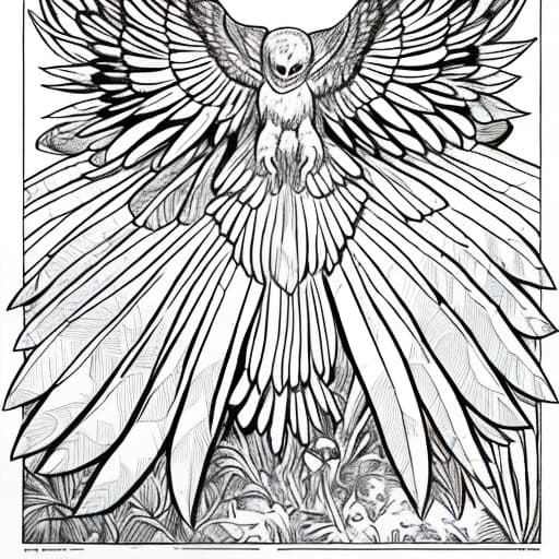  Imagen artistica lineal. En blanco y negro. Para un libro de colorear. Tipo comix. De un aguila bebe con las alas abiertas. En una selva