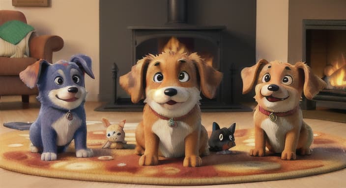  {The dogs curled up on a soft, colorful rug in front of a crackling fireplace., The three friends have perky ears and big, shiny eyes filled with excitement.