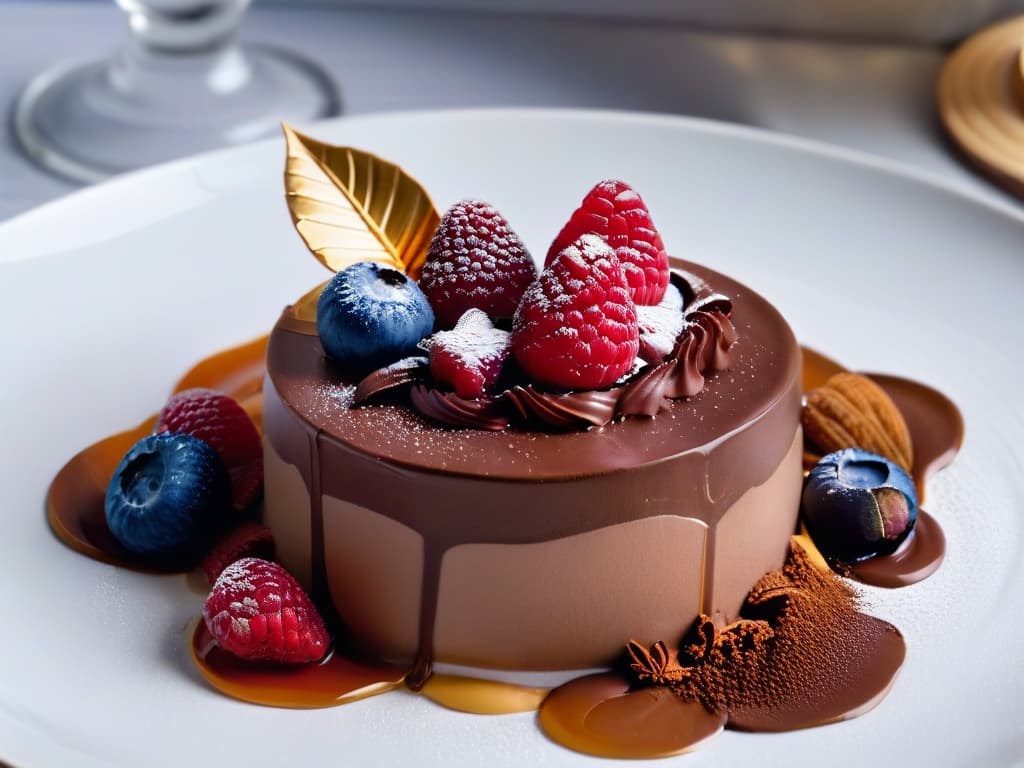  A closeup, ultradetailed image of a perfectly crafted gourmet dessert on a sleek, modern plate. The dessert is a delicate chocolate mousse with a glossy finish, adorned with gold leaf accents and a single vibrant raspberry on top. The lighting is soft, emphasizing the richness of the chocolate and the elegant presentation. hyperrealistic, full body, detailed clothing, highly detailed, cinematic lighting, stunningly beautiful, intricate, sharp focus, f/1. 8, 85mm, (centered image composition), (professionally color graded), ((bright soft diffused light)), volumetric fog, trending on instagram, trending on tumblr, HDR 4K, 8K