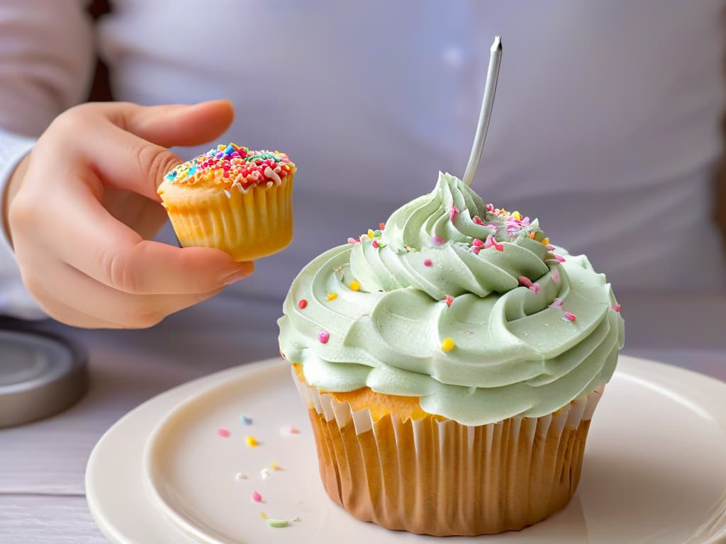  An ultradetailed closeup image of a child's hands carefully sprinkling colorful sprinkles onto a perfectly frosted cupcake. The child's small fingers delicately hold the sprinkle container, with tiny sprinkles midair, frozen in motion as they elegantly fall onto the cupcake. The frosting on the cupcake is smooth and glossy, reflecting the light to showcase its flawless texture. The background is a soft focus, enhancing the main subject of the child's hands and the cupcake, creating a serene and visually captivating scene. hyperrealistic, full body, detailed clothing, highly detailed, cinematic lighting, stunningly beautiful, intricate, sharp focus, f/1. 8, 85mm, (centered image composition), (professionally color graded), ((bright soft diffused light)), volumetric fog, trending on instagram, trending on tumblr, HDR 4K, 8K