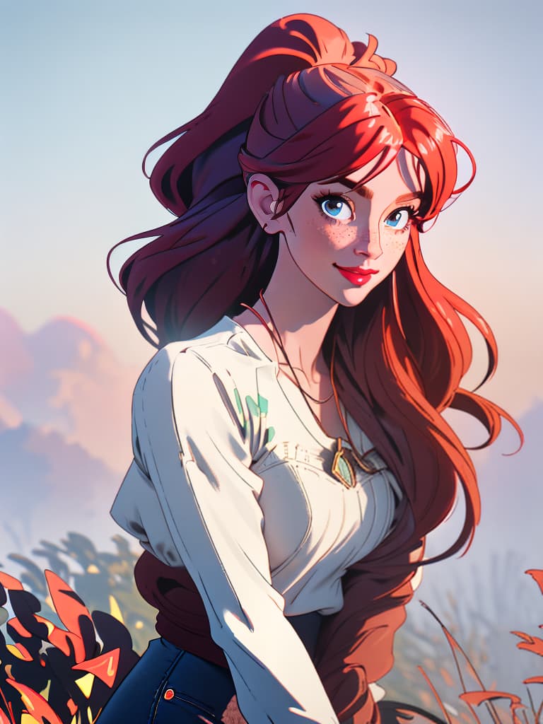  (masterpiece, best quality), 1girl, collarbone, wavy hair, looking at viewer, blurry foreground, upper body, necklace, contemporary, plain pants, ((intricate, print, pattern)), ponytail, freckles, red hair, dappled sunlight, smile, happy, hyperrealistic, full body, detailed clothing, highly detailed, cinematic lighting, stunningly beautiful, intricate, sharp focus, f/1. 8, 85mm, (centered image composition), (professionally color graded), ((bright soft diffused light)), volumetric fog, trending on instagram, trending on tumblr, HDR 4K, 8K