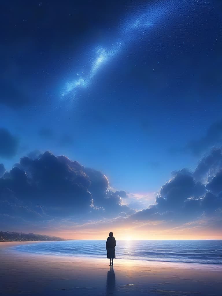  The sky is the night sky, the sunset is a little visible, the background is the sea, the sandy beach, while walking, the woman is looking up at the night sky,, masterpiece, best quality,8k,ultra detailed,high resolution,an extremely delicate and beautiful,hyper detail