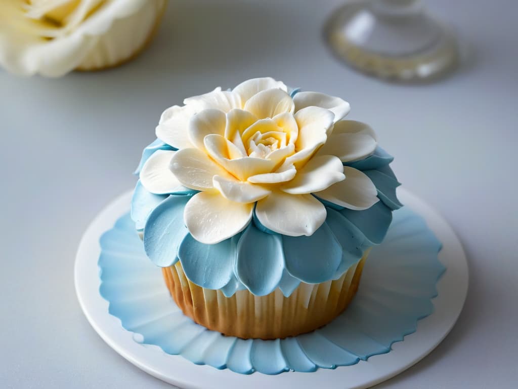  A closeup, ultradetailed image of a delicate, intricately designed 3Dprinted sugar flower sitting atop a perfectly frosted cupcake. The flower showcases unparalleled precision, each petal showcasing a lifelike texture and delicate curves, while the cupcake's frosting is smooth and flawless, with a subtle sheen catching the light. The color palette is soft and pastel, enhancing the overall elegant and sophisticated feel of the image. hyperrealistic, full body, detailed clothing, highly detailed, cinematic lighting, stunningly beautiful, intricate, sharp focus, f/1. 8, 85mm, (centered image composition), (professionally color graded), ((bright soft diffused light)), volumetric fog, trending on instagram, trending on tumblr, HDR 4K, 8K