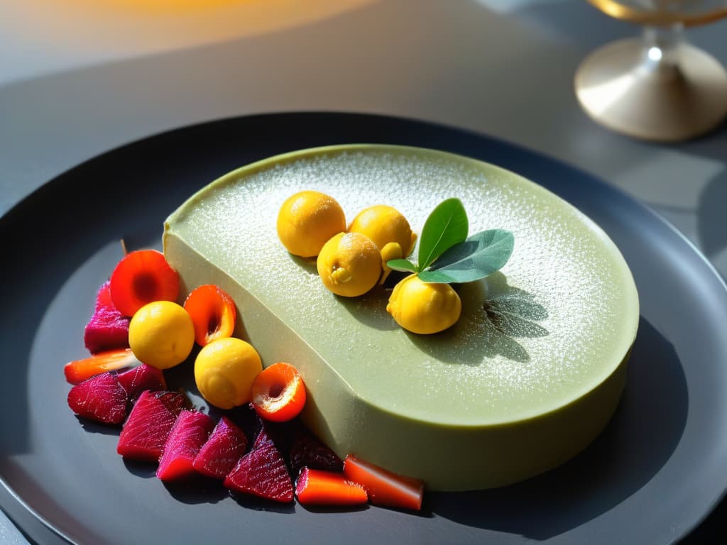  A highresolution, ultradetailed image of a beautifully plated Australian dessert incorporating traditional Bush Tucker ingredients such as wattleseed, quandong, and lemon myrtle. The dessert is elegantly presented on a sleek, modern plate, with each element meticulously arranged to showcase the rich colors and textures of the ingredients. The lighting is soft, emphasizing the natural beauty of the dish and creating a visually striking yet minimalistic composition that perfectly complements the sophisticated tone of the article. hyperrealistic, full body, detailed clothing, highly detailed, cinematic lighting, stunningly beautiful, intricate, sharp focus, f/1. 8, 85mm, (centered image composition), (professionally color graded), ((bright soft diffused light)), volumetric fog, trending on instagram, trending on tumblr, HDR 4K, 8K