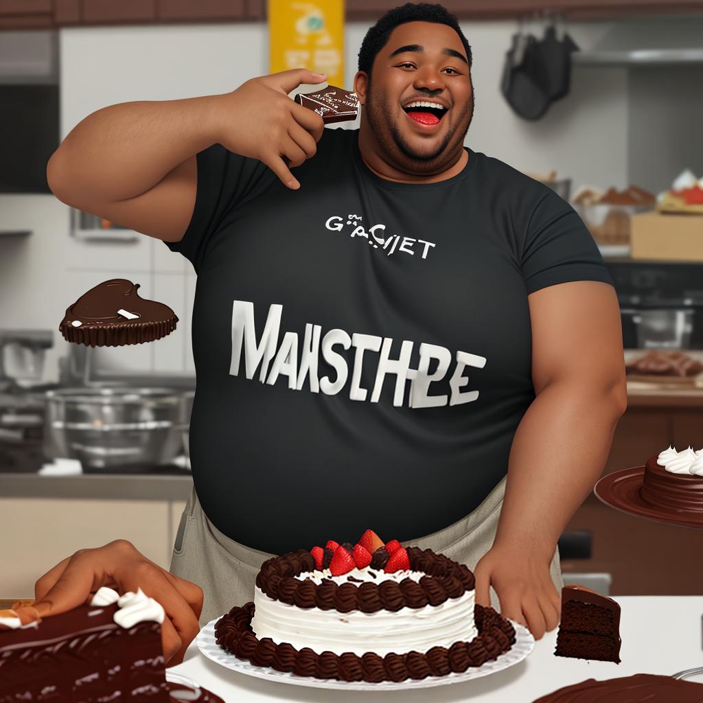  masterpiece, best quality, fat black guy extremely excited to eat a chocolate cake