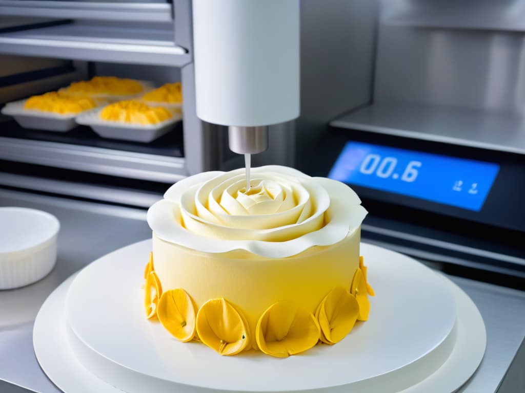  An ultradetailed image showcasing a sleek, futuristic 3D food printer in a professional bakery setting. The printer, with a minimalist design, is intricately crafting a delicate sugar sculpture of a blooming rose with incredible precision. The backdrop features a spotless white kitchen with stainless steel countertops, emphasizing the cuttingedge technology seamlessly integrated into a traditional pastrymaking environment. The image exudes sophistication and innovation, perfectly illustrating the seamless blend of artistry and technology in modern pastry creation. hyperrealistic, full body, detailed clothing, highly detailed, cinematic lighting, stunningly beautiful, intricate, sharp focus, f/1. 8, 85mm, (centered image composition), (professionally color graded), ((bright soft diffused light)), volumetric fog, trending on instagram, trending on tumblr, HDR 4K, 8K