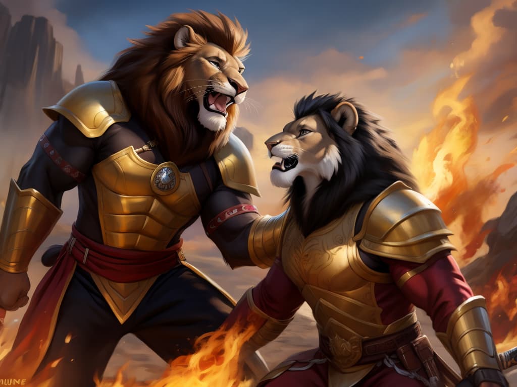  By chunie, by Zaush, portrait, full body, full view, photorealistic, duo, anthro, male, lion, scar on face, two lions in a battlefield fight against each other , hold a weapon, fighting, roaring, angry expression, rage, clenching weapons, red and gold armor:2, golden sword, surrounded by flames, fireland, fire in background, ultra detailed flame, ultra detailed red and gold armor, sfw, thick body, muscular body, stare at the camera, open eyes, digital art, masterpiece, 4k, fine details,